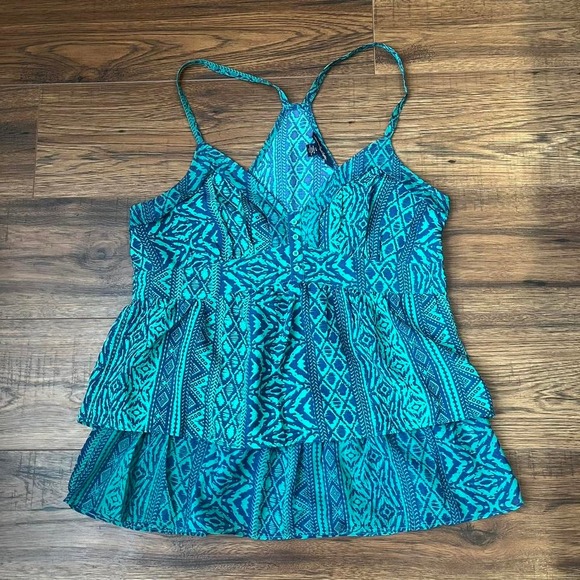 American Eagle Strappy Babydoll Top Geometric Blue Green Summer Festival‎ Small - Picture 1 of 7